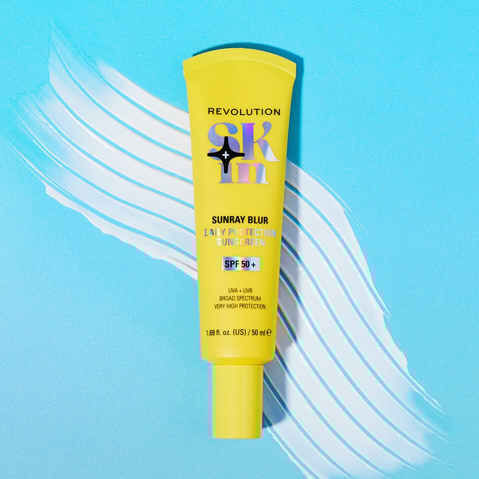 Products on blue background with swatch